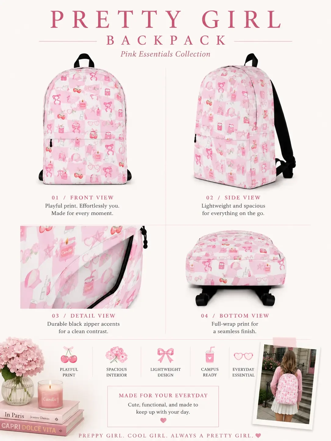 Product infographic for the pink preppy backpack showcasing front, side, detail, and bottom angle feature views.