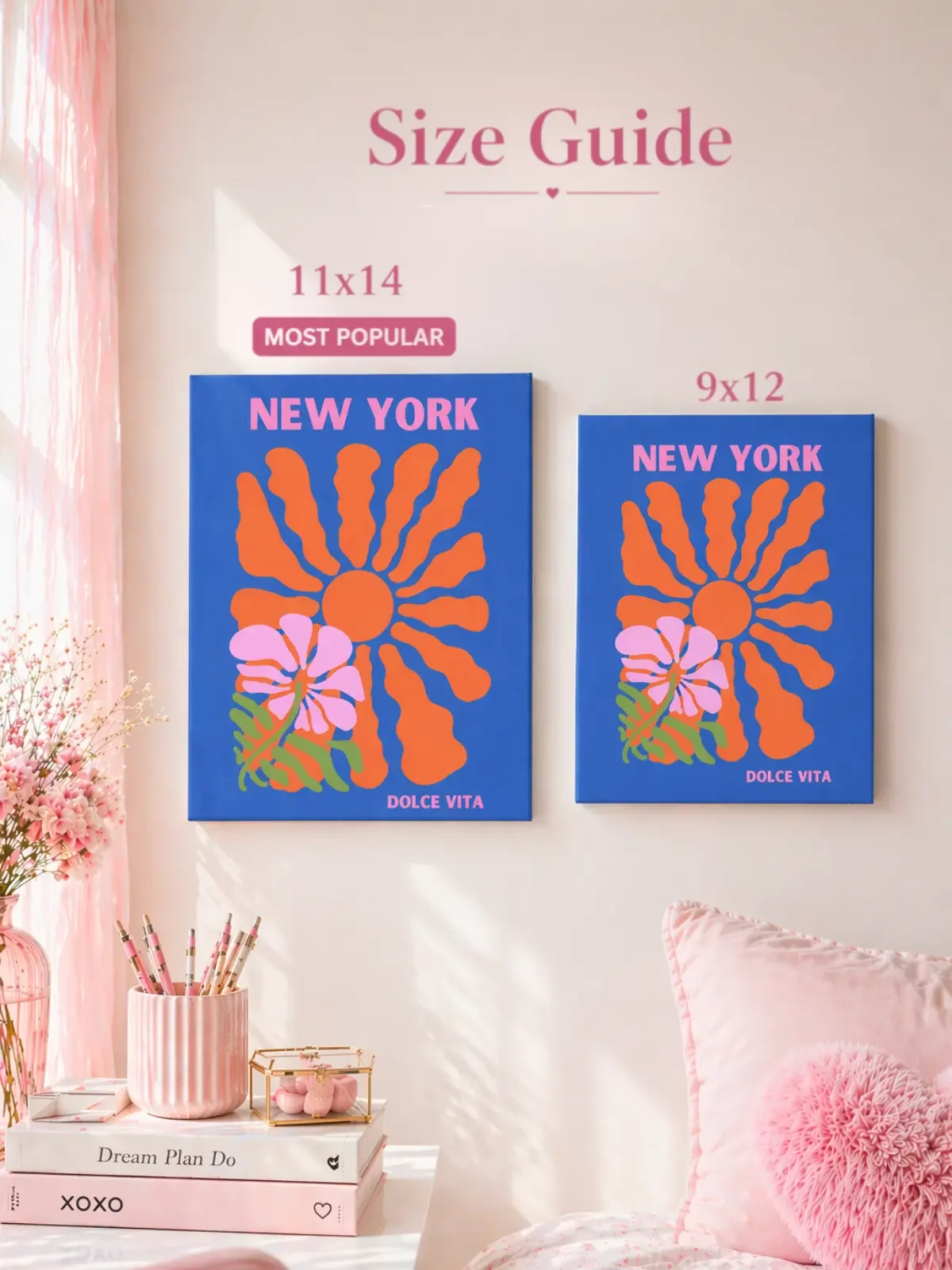 Size guide for Doodles and Saffron comparing 11x14 and 9x12 inch blue retro New York canvas prints hanging on a pastel wall.