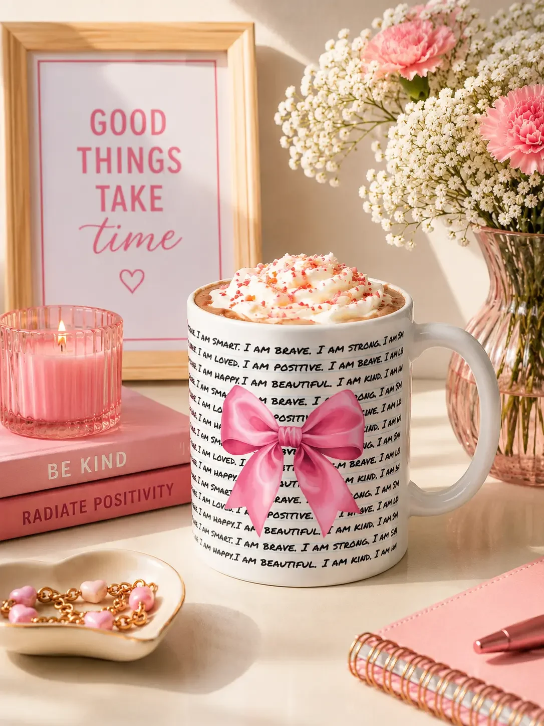 White mug with repeated self affirmations and a pink ribbon bow filled with hot chocolate on a desk next to books.