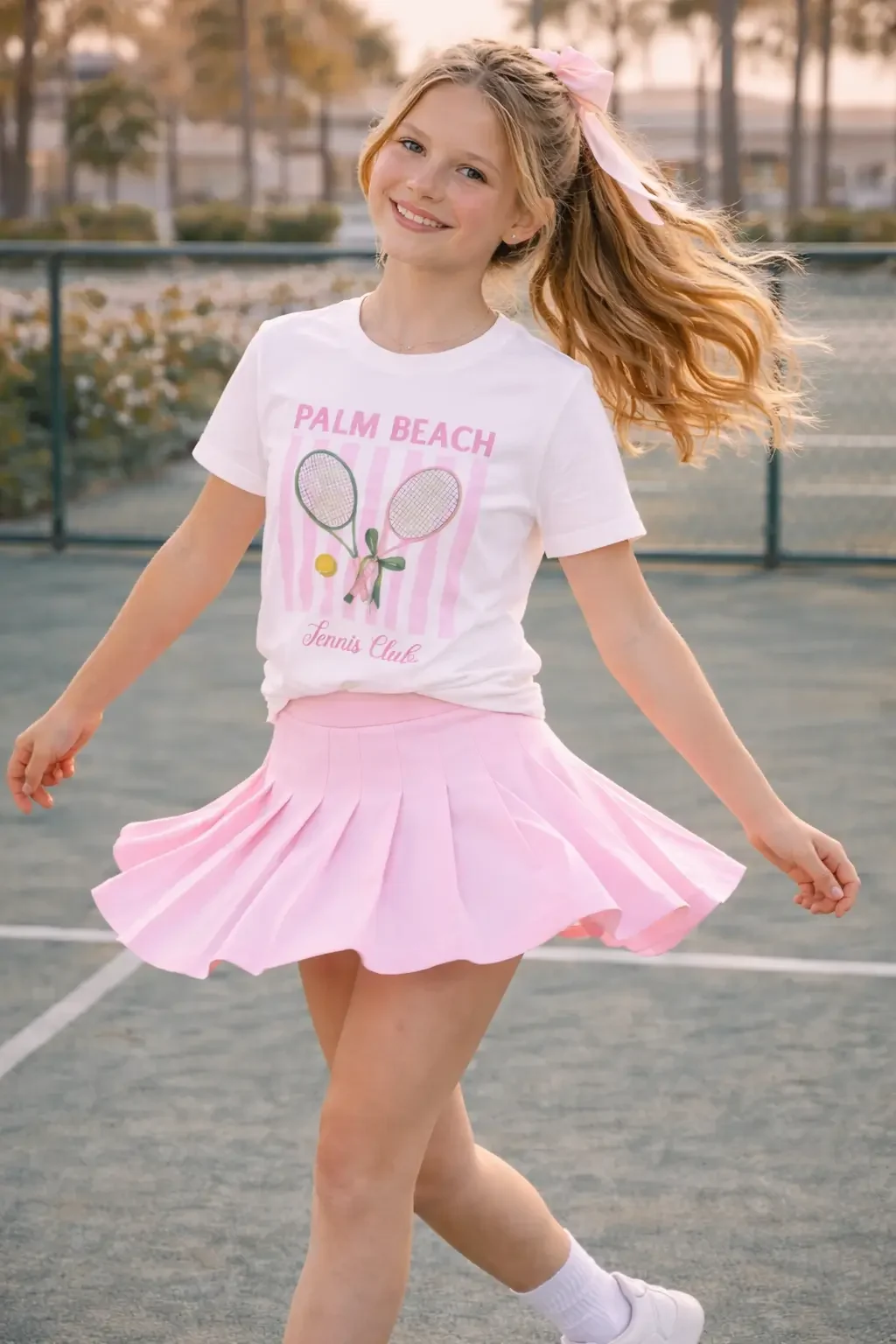 Smiling girl twirling on a tennis court wearing a white palm beach tennis club graphic t shirt and a flared pink pleated tennis skirt.