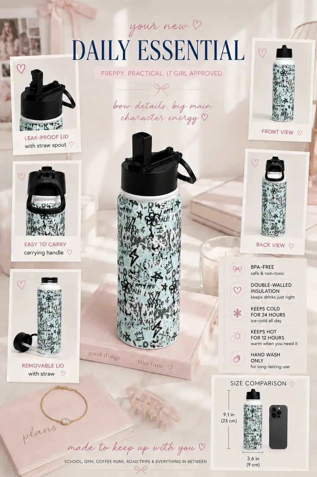 Product feature infographic for a graffiti water bottle showcasing its leakproof lid, handle, and insulation stats.