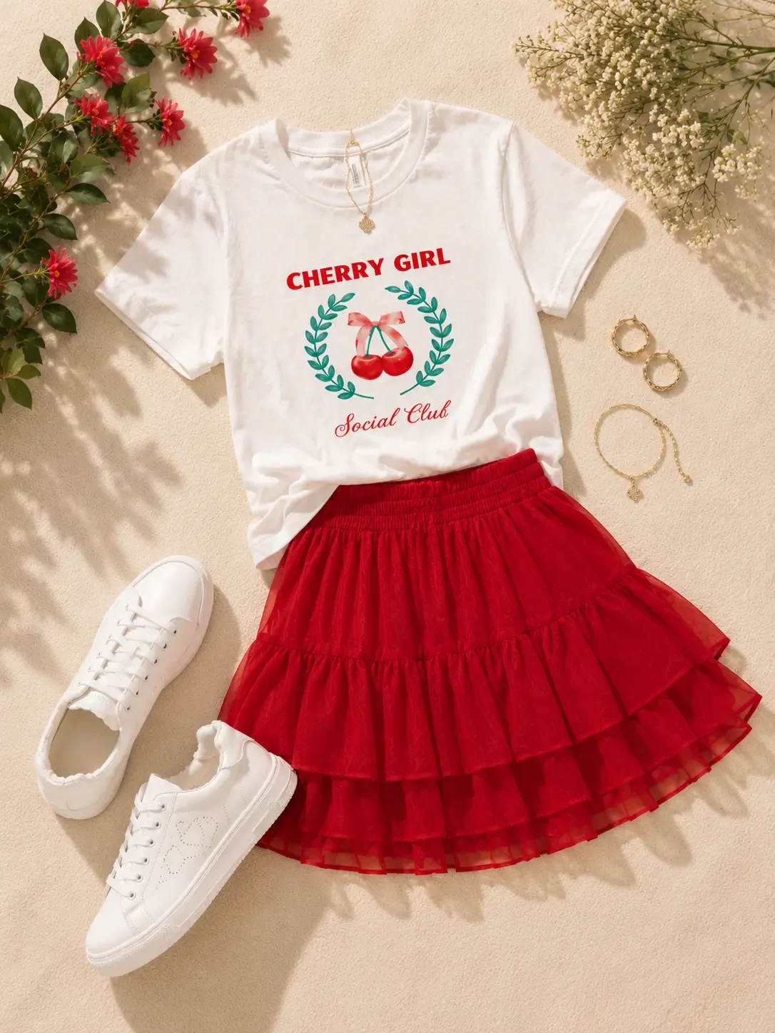 Flat lay arrangement of a white cherry girl social club t-shirt, red tiered skirt, white sneakers, and gold jewelry.