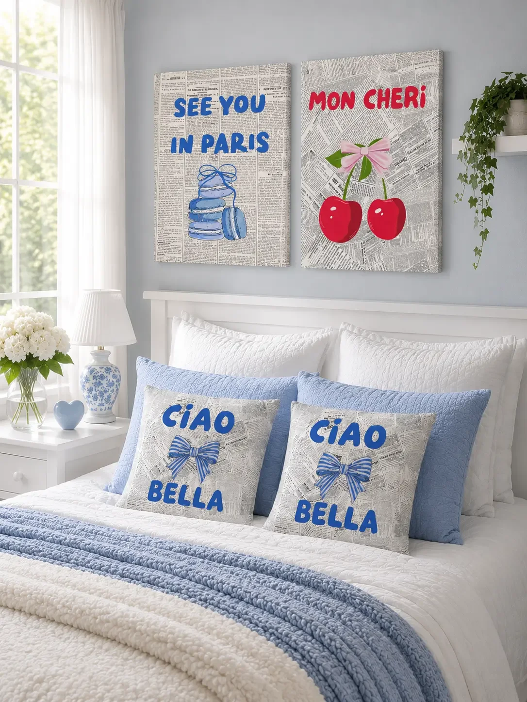 ciao-bella-blue-bow-newspaper-print-throw-pillows.webp