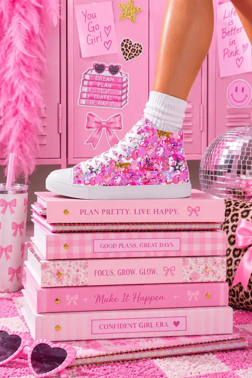 A person wearing bright pink graffiti street art canvas high-top sneakers standing on top of a stack of pink preppy journals by pink school lockers.