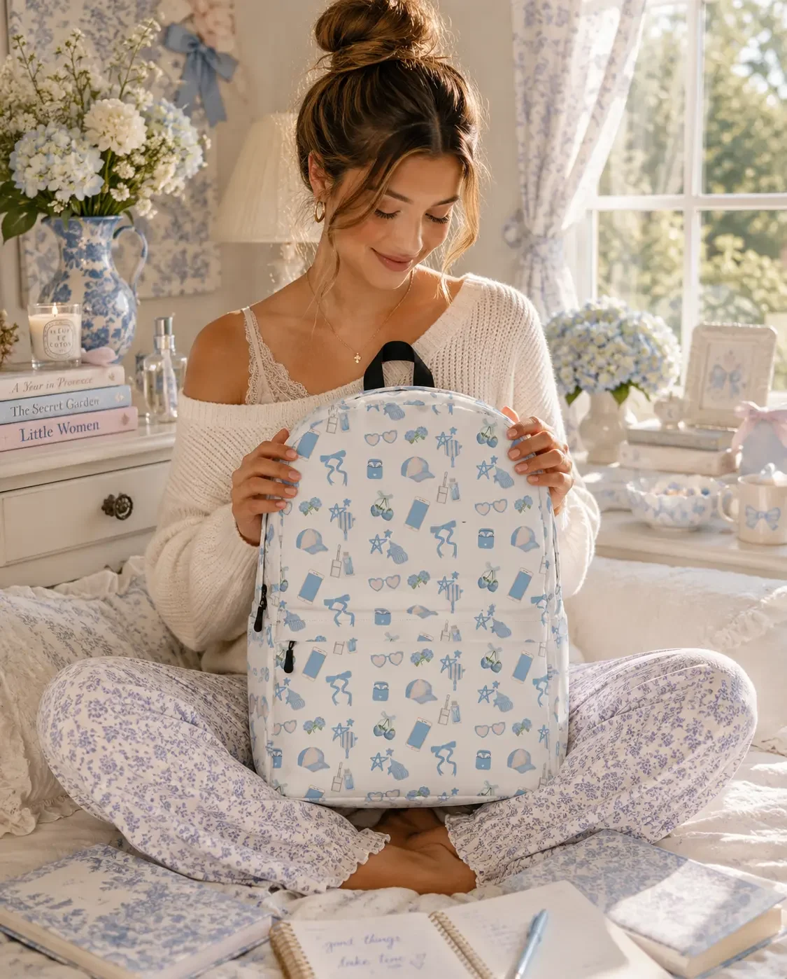 Smiling young woman with a hair bun sitting cross-legged on a bed modeling a white backpack with blue preppy icons.