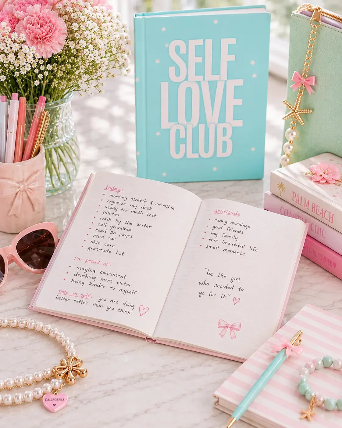 An open journal displaying handwritten daily routines and a gratitude list on a preppy pink desk setup next to a mint green Self Love Club notebook.
