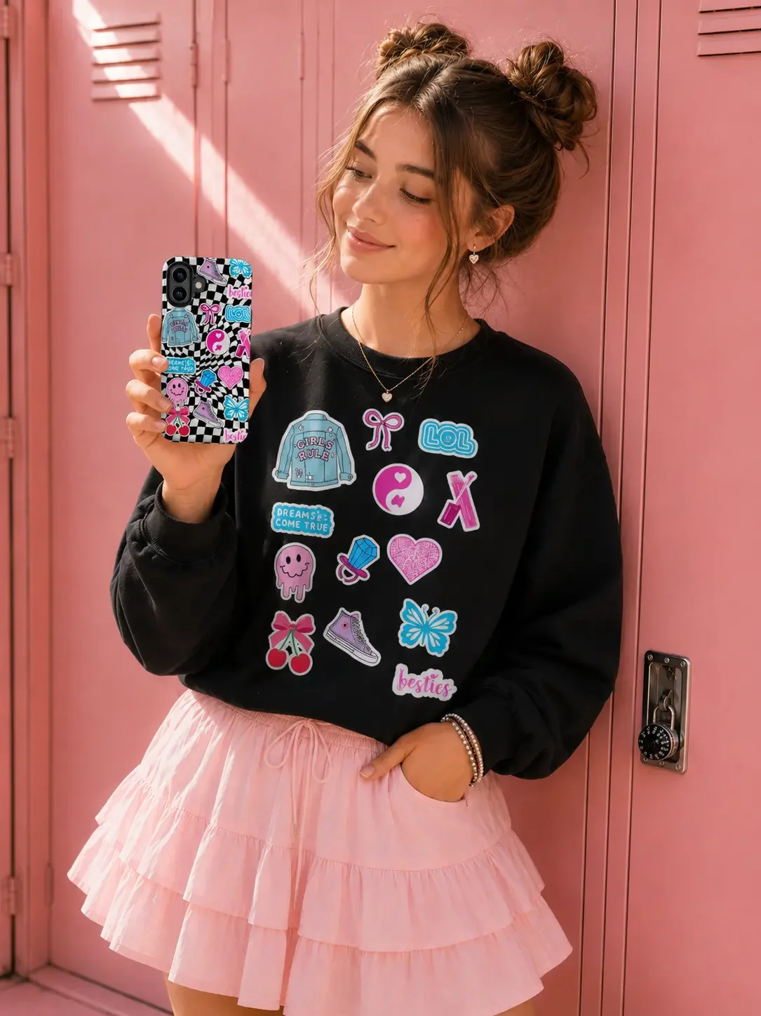 black-sticker-collage-sweatshirt-pink-skirt-outfit.webp