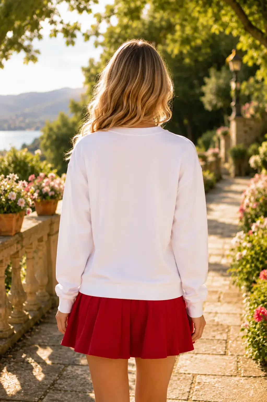 Back view of a relaxed-fit white cotton crewneck sweatshirt styled casually with a deep red pleated mini skirt.