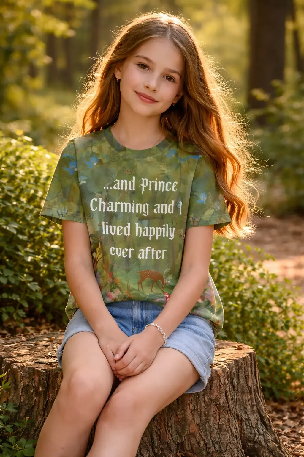 Young girl smiling while sitting on a tree stump in a sunlit forest wearing a green fairytale print graphic tee and denim shorts.