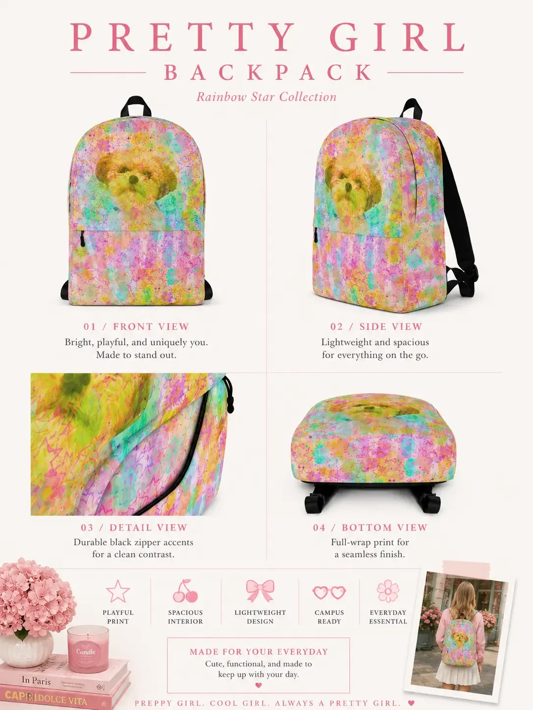 Product feature infographic for the Rainbow Star backpack, showcasing front, side, detail, and bottom feature angles.