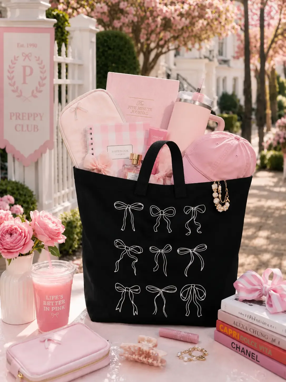Black ribbon bow tote bag filled with pink books, stationery, a pink Stanley tumbler, and a cap on a decorated desk setup.