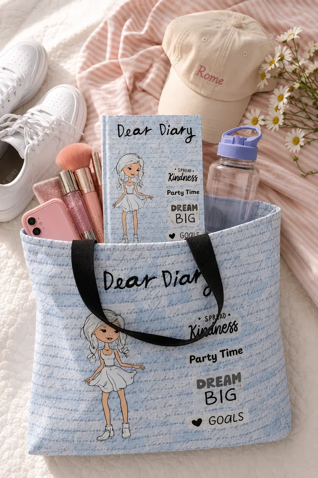 Light blue graphic canvas tote bag filled with travel and makeup essentials, showcasing its storage capacity in a flatlay arrangement.