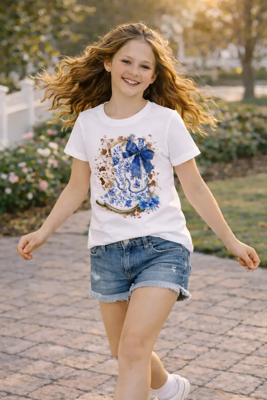 blue-chinoiserie-cowboy-boot-tee-product-girl-walking.webp
