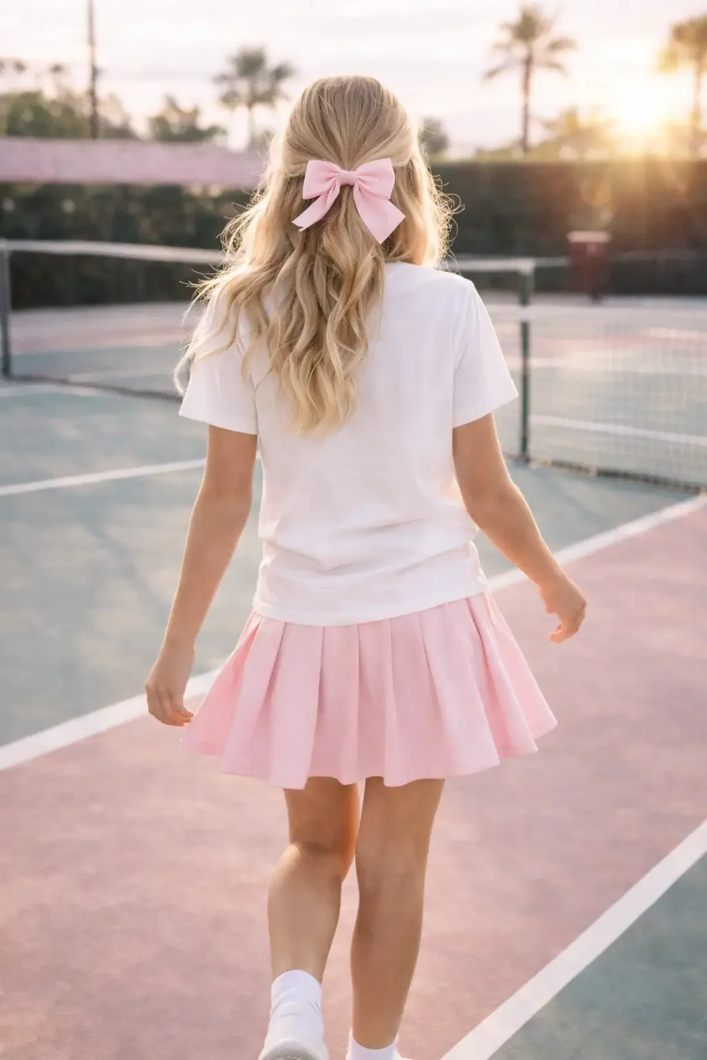 Back view of a blonde girl walking on a tennis court wearing a white t-shirt, pink pleated skirt, and a large pink hair bow.