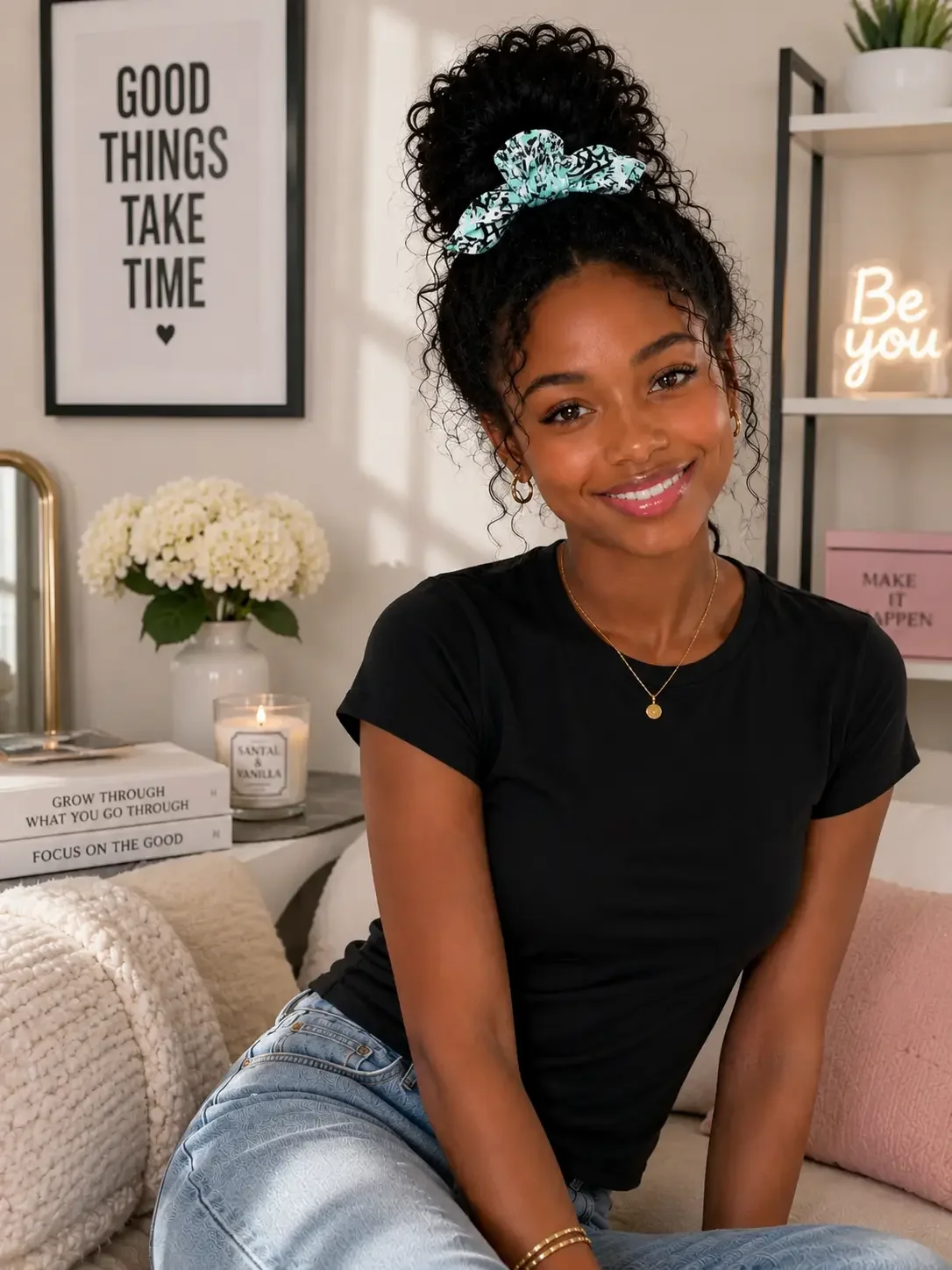 Smiling woman with dark curly hair in a high bun secured by a mint green Y2K graffiti star bow scrunchie and black tee.