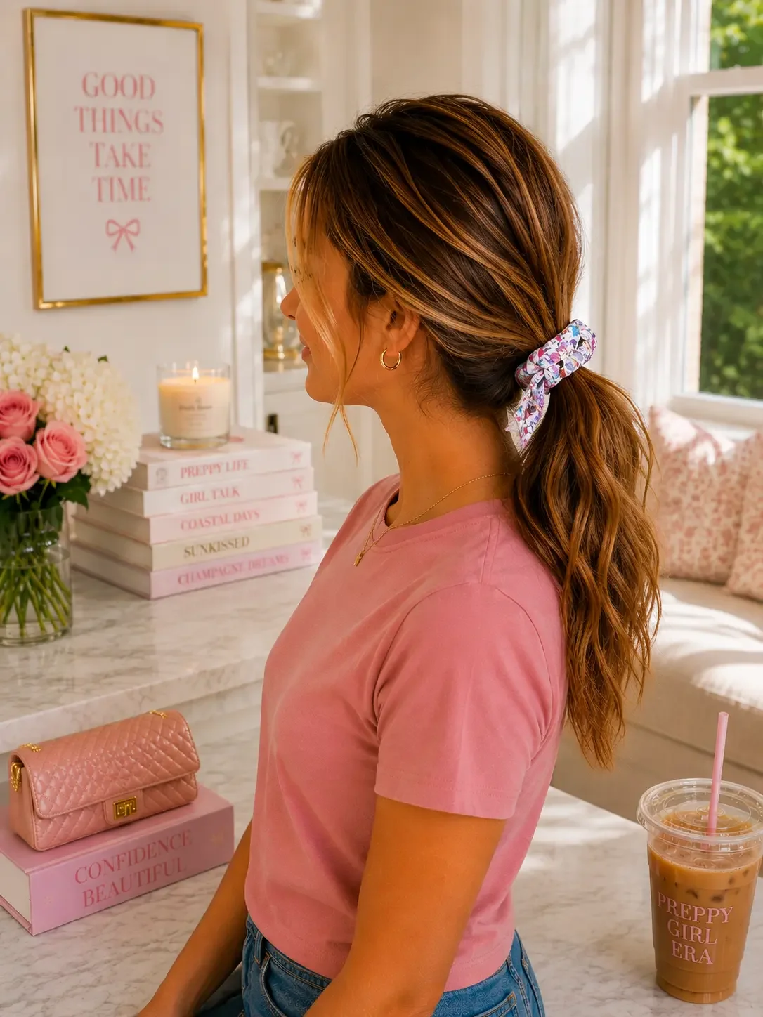 Side profile of a woman with highlighted brown hair styled in a low ponytail secured with a Taylor Swift Eras themed patterned bow scrunchie, wearing a pink t-shirt.