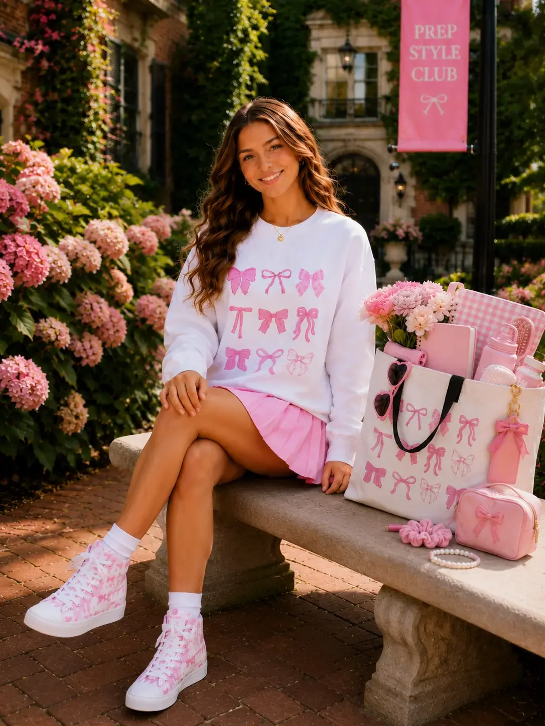 White canvas tote bag decorated with pink line art bows and packed with matching stationery and accessories.