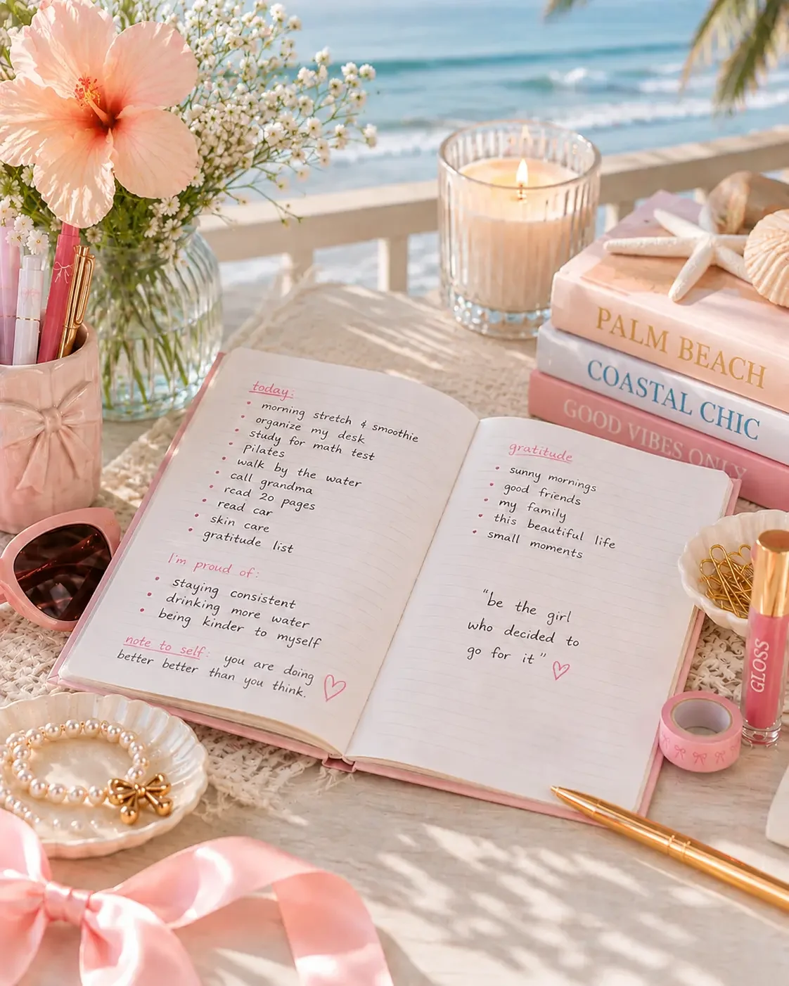 An open journal with a daily checklist on a desk overlooking the ocean, surrounded by pink flowers, a candle, and stacked books.