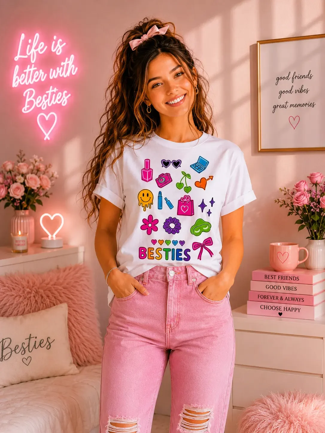 Smiling woman wearing a colorful hand-filled Besties doodle t-shirt in a pink coquette aesthetic bedroom.
