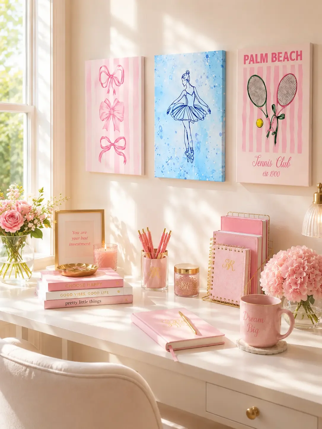 Dream Wall Starter canvas gallery art bundle by Doodles and Saffron with bow, ballet, and tennis prints above a pink preppy desk setup.