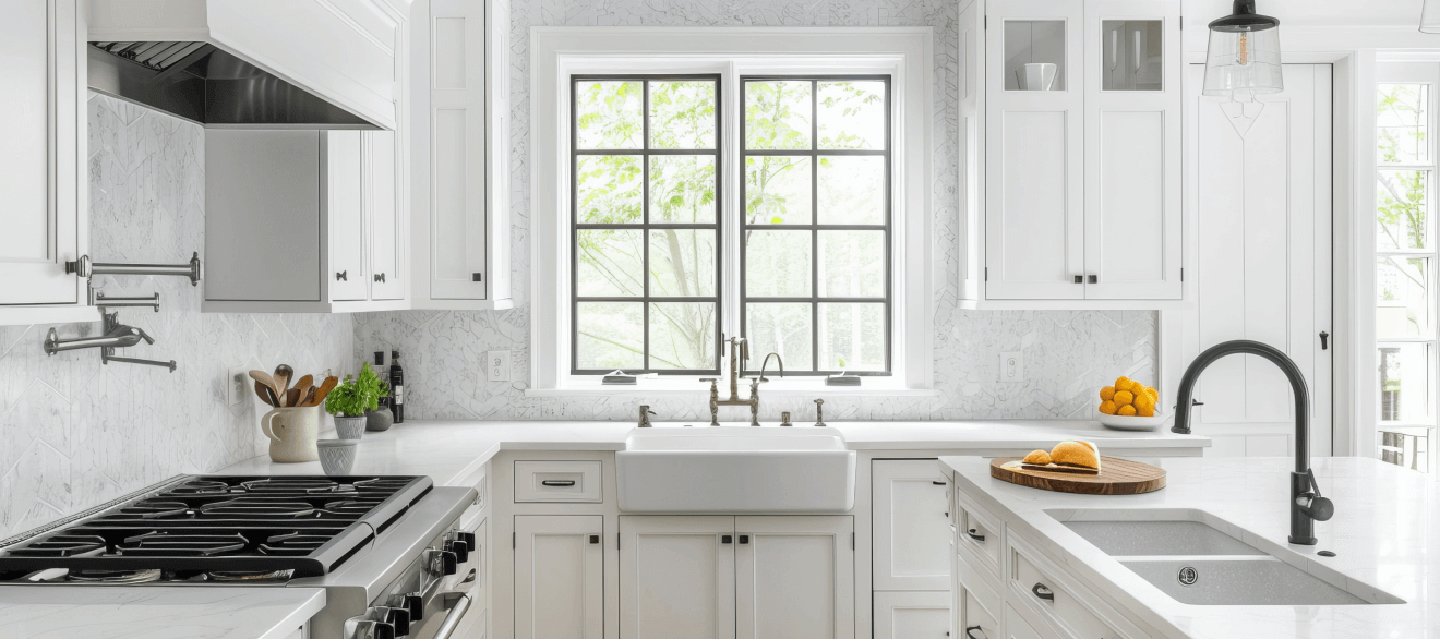 Modern white kitchen with marble countertops, farmhouse sink, black gas stove, and large window. Potted plants and lemons on countertops, pendant light, and black faucet.