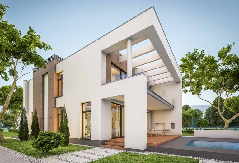 Modern white two-story house with large windows, wooden deck, and small pool in the backyard, surrounded by trees and greenery.