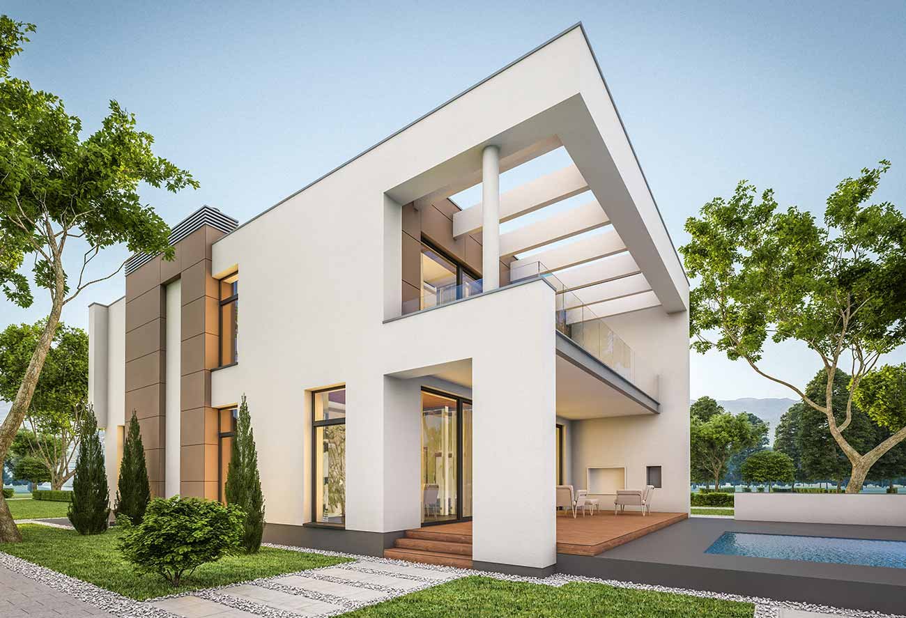Modern white house with large windows, outdoor patio, and swimming pool, surrounded by trees and greenery.