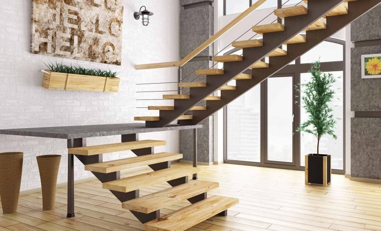 Modern interior with floating wooden staircase, large windows, and plant decor.