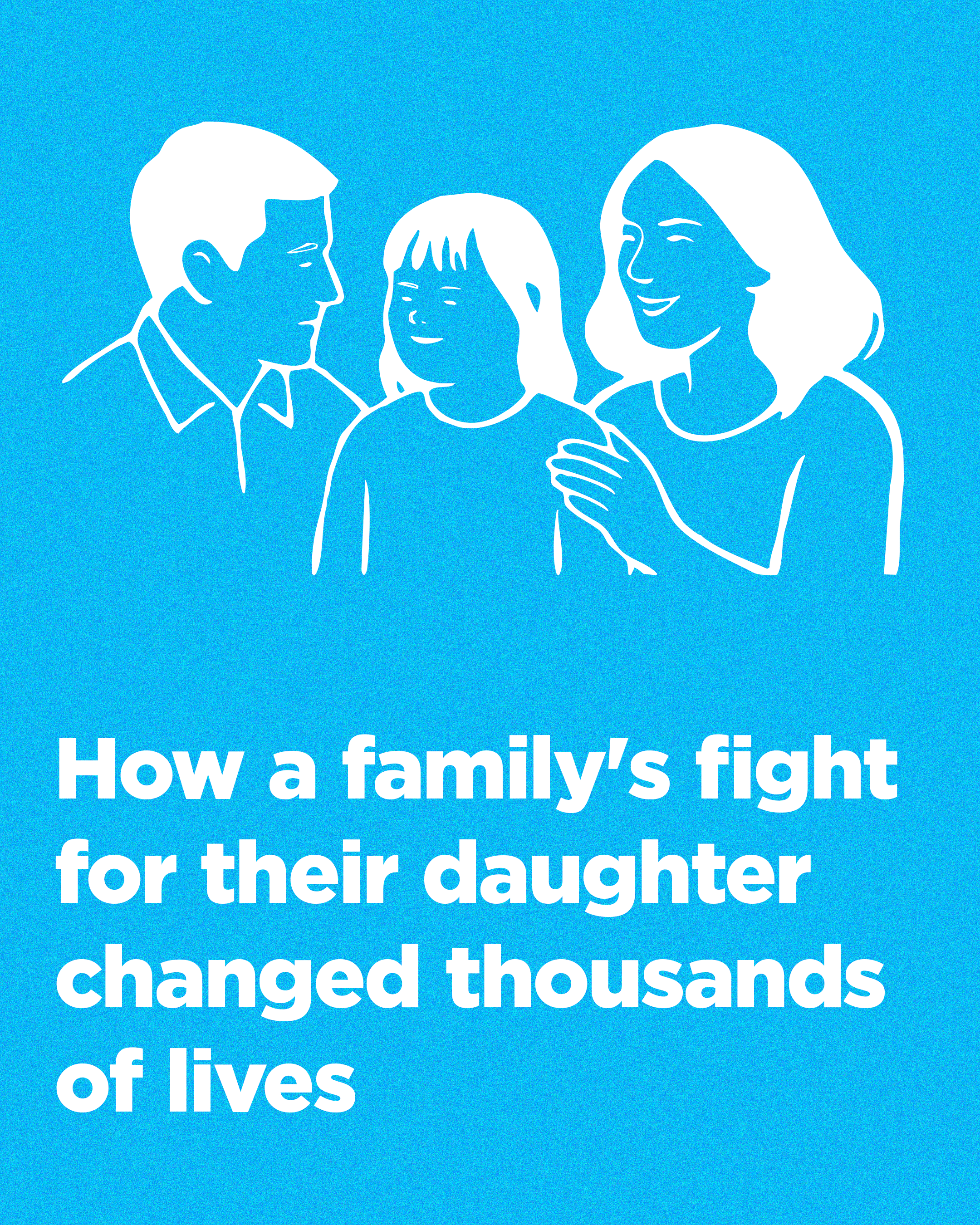 Illustration of a family with a father, mother, and daughter, all smiling and interacting, against a blue background with white outlines.