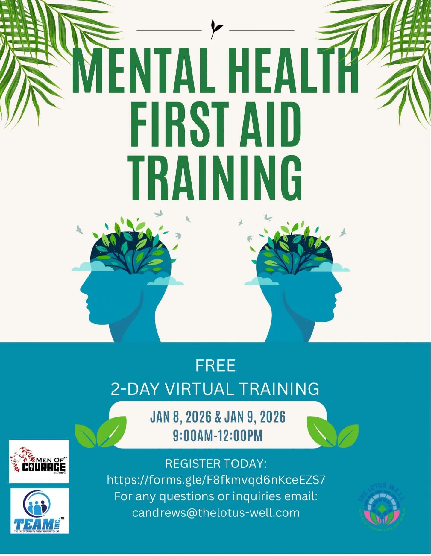 🧠✨ We are coming in hot for 2026! The Lotus W.E.L.L Counseling Services &amp; Wellness Retreat 🪷 and Men Of Courage @menofcouragephl is hosting a 🆓 Mental Health First Aid Training!
 Mental Health First Aid teaches you how to recognize the signs o