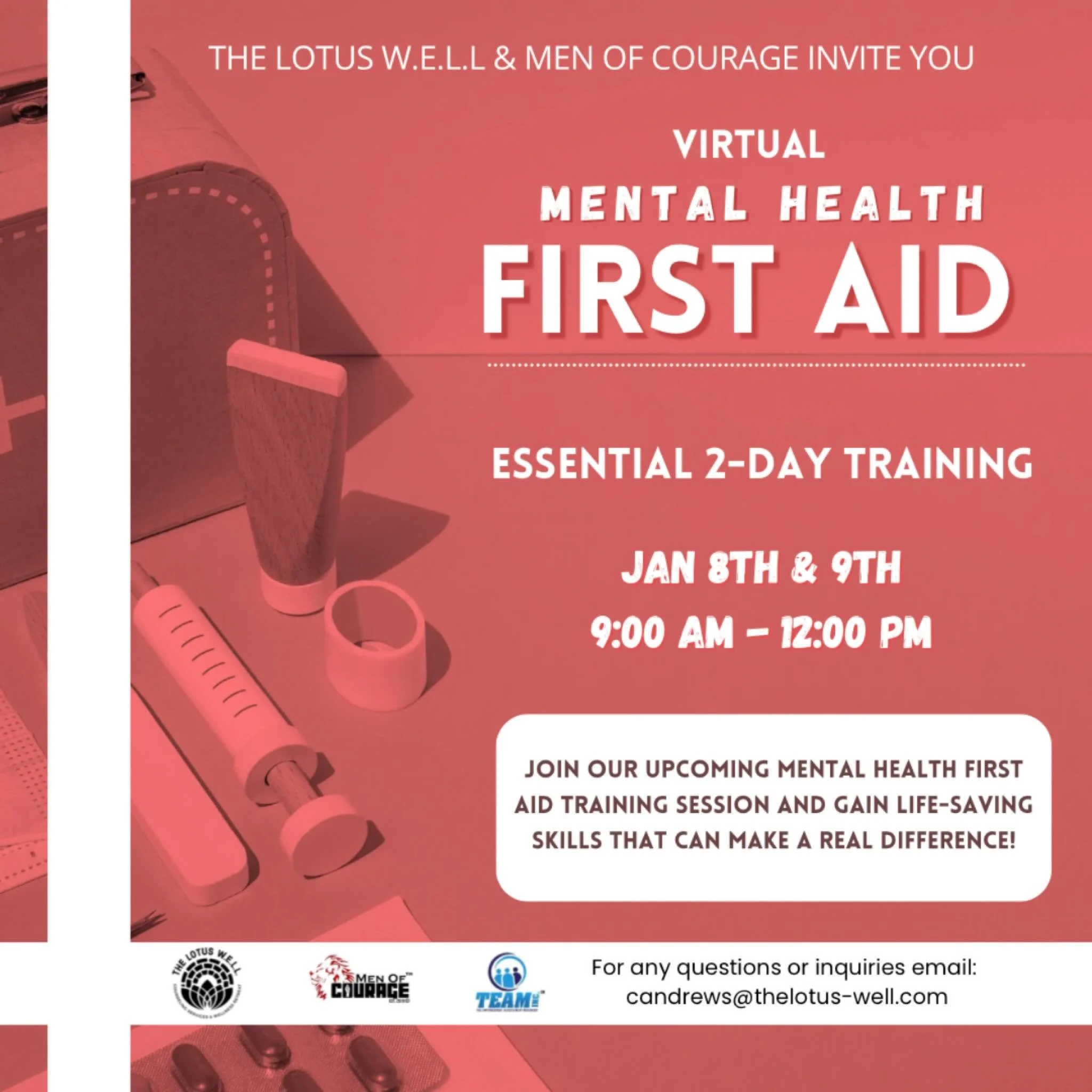 🧠✨ We are coming in hot for 2026! The Lotus W.E.L.L Counseling Services &amp; Wellness Retreat 🪷 and Men Of Courage @menofcouragephl is hosting a 🆓 Virtual Mental Health First Aid Training!
 Mental Health First Aid teaches you how to recognize the