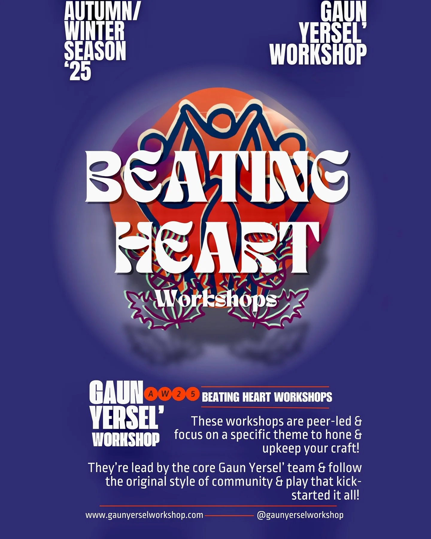 ✨ BEATING HEART WORKSHOPS ✨
These workshops are peer-led &amp; focus on a specific theme to hone &amp; upkeep your craft!
They&rsquo;re lead by the core Gaun Yersel&rsquo; team &amp; follow the original style of community &amp; play that kick-started
