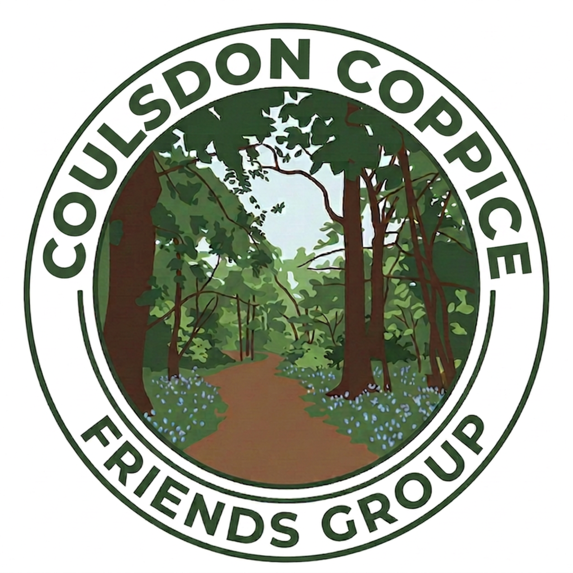 tree lined path with bluebells and a circle around the outside with the words Coulsdon Coppice Friends Group