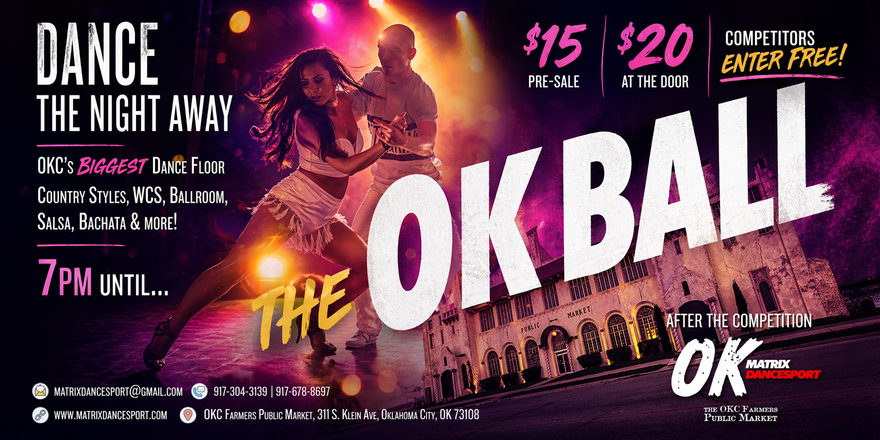 A colorful event poster for a dance event called 'OK Ball' at OKC Farmers Public Market featuring a dancing couple on stage with vibrant lights, promoting ticket sales with pre-sale and at the door prices, and emphasizing a country dance style with salsa, bachata, and ballroom dance styles.