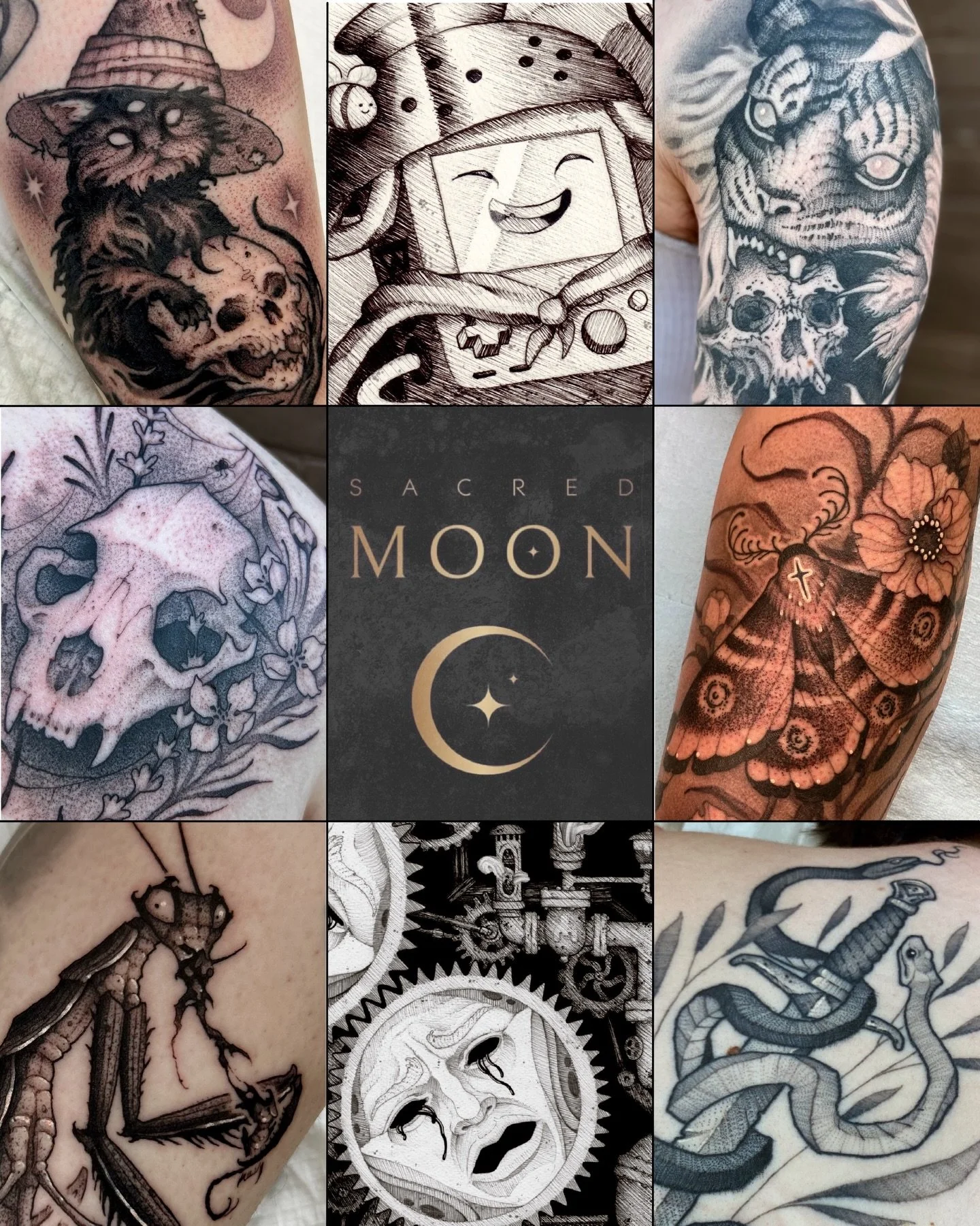 DAVENPORT, IA! 
I will be guest spotting with the very talented crew @sacredmoonstudioqc August 13th-15! I&rsquo;m looking to do cool custom tattoos, or some available original designs (in post). Please DM me if you&rsquo;re interested in setting up 