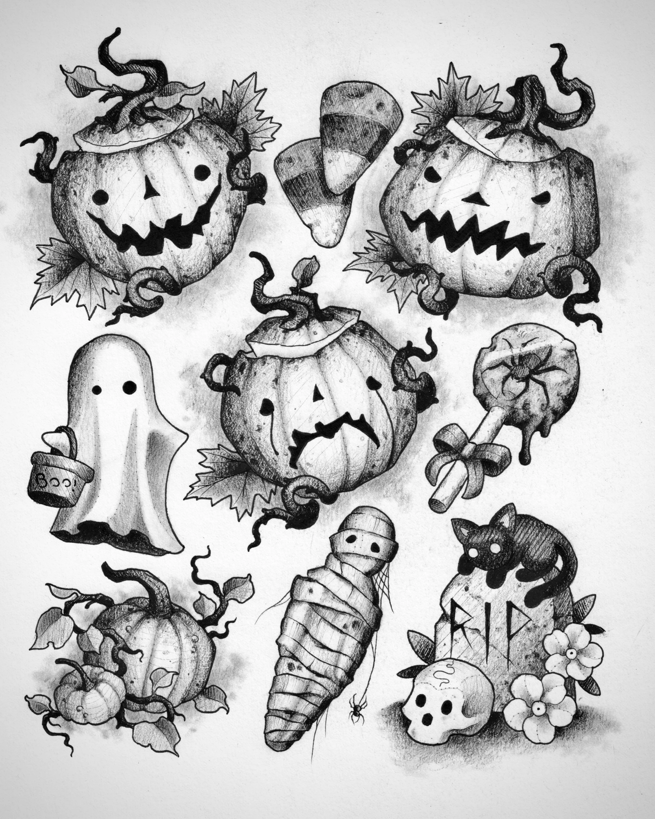 Halloween Flash sheet number 1! These designs will be available for tattoo on our upcoming flash day on Oct 23rd at a flat rate to be announced later. Been in a spooky mood for a month already and I can&rsquo;t wait for this year&rsquo;s festivities!