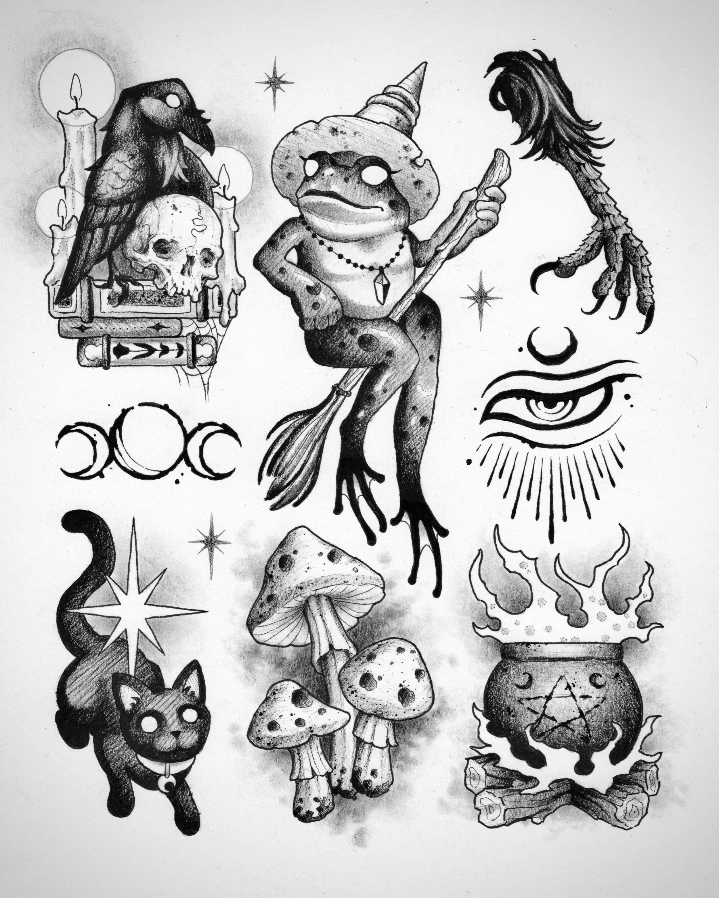 Halloween Flash sheet number 2! These designs will be available for tattoo on our upcoming flash day on Oct 23rd at a flat rate to be announced later. Been in a spooky mood for a month already and I can&rsquo;t wait for this year&rsquo;s festivities!