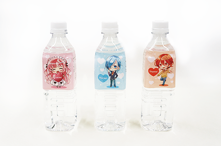 Three water bottles with cartoon character labels, each featuring different colorful characters.