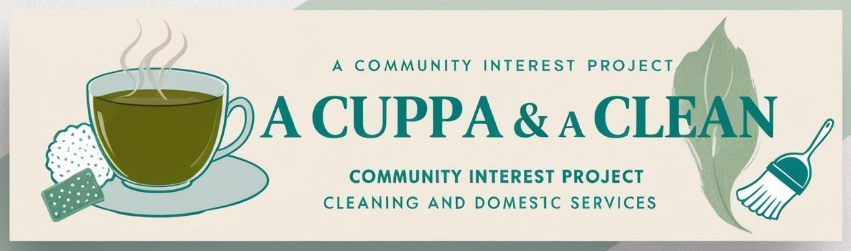 Illustration of a steaming cup of tea or coffee on a saucer with a sponge and scrub brush, alongside text promoting a community project called 'A Cuppa & A Clean' for cleaning and domestic services, featuring a leaf and a cleaning brush.