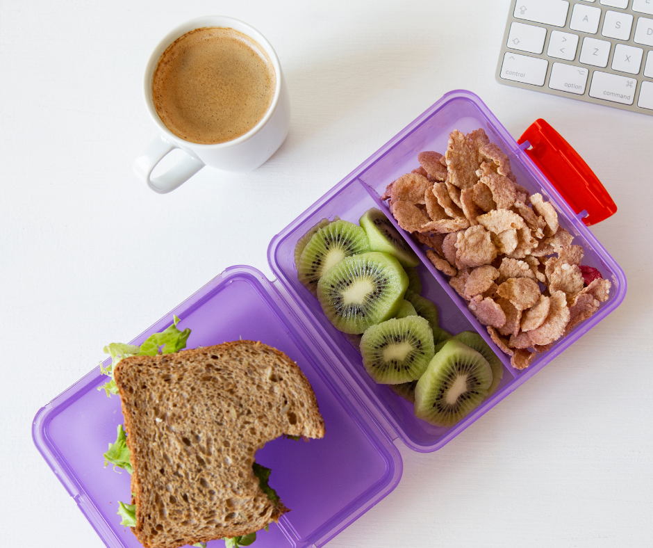 Healthy sandwich with fruit and whole grain snack