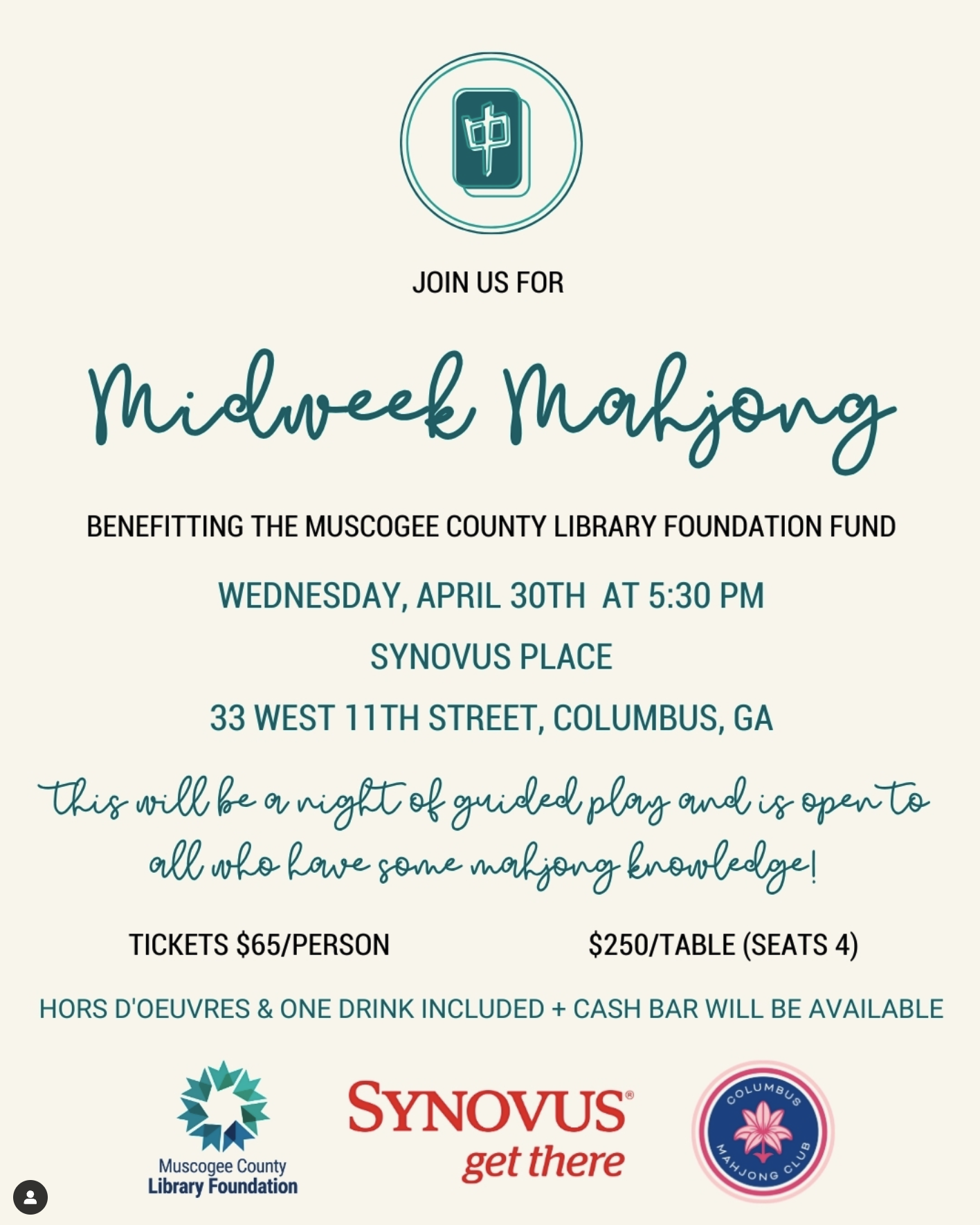Midweek Mahjong Benefiting the Muscogee County Library Foundation