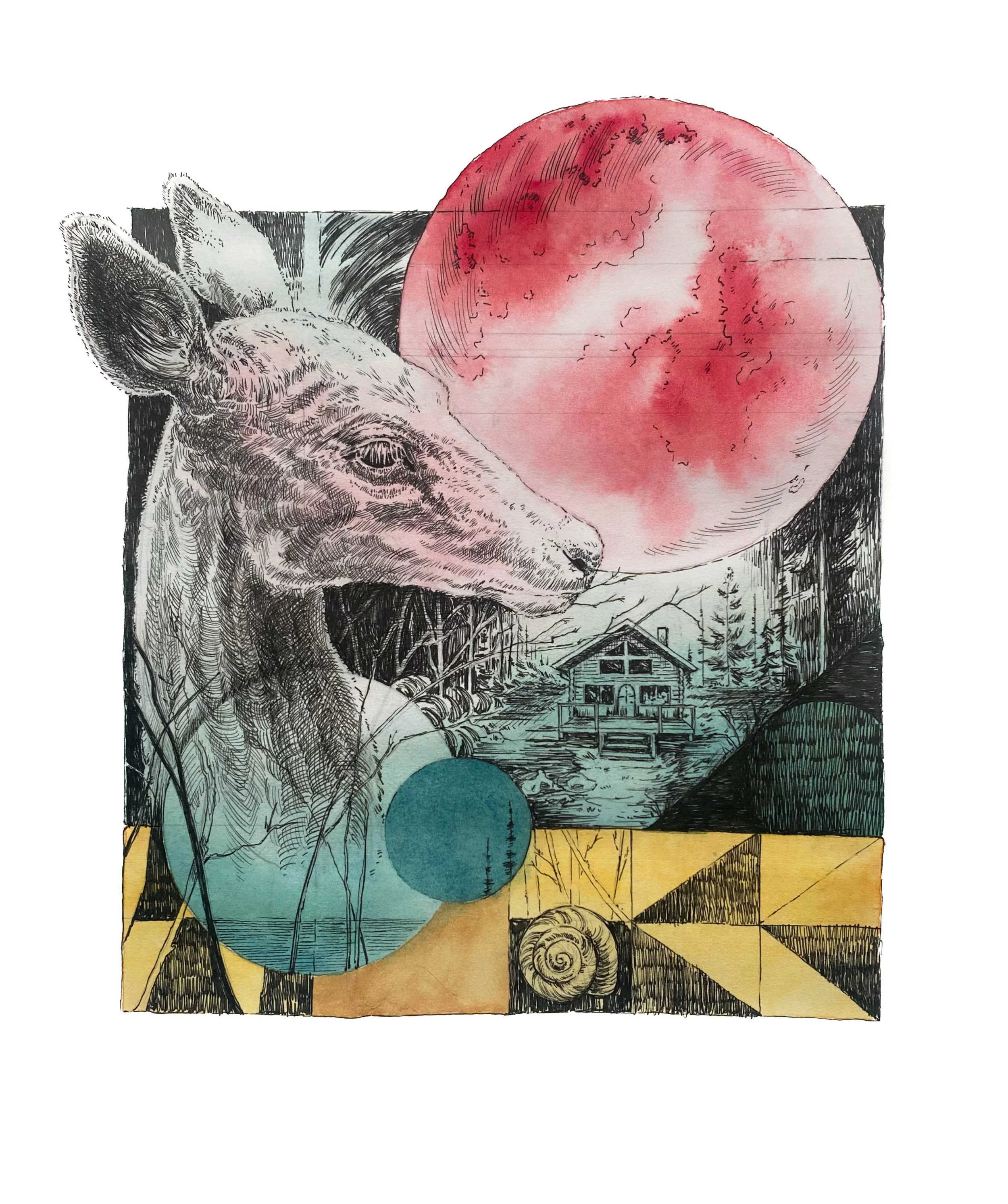 "Blood Moon" , Watercolor and Ink on paper, 9x12 inches