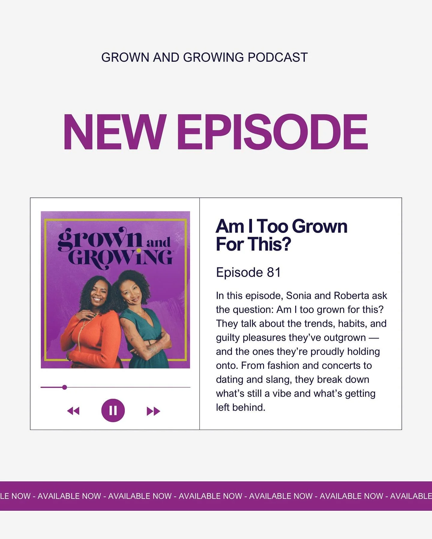 Are we too grown for skinny jeans, day parties, and TikTok slang &mdash; or just grown enough to know better? Let&rsquo;s talk trends, nostalgia, and doing what still feels good! 

New episode is out now &mdash; go listen! 

#GrownAndGrowing #GrownBu