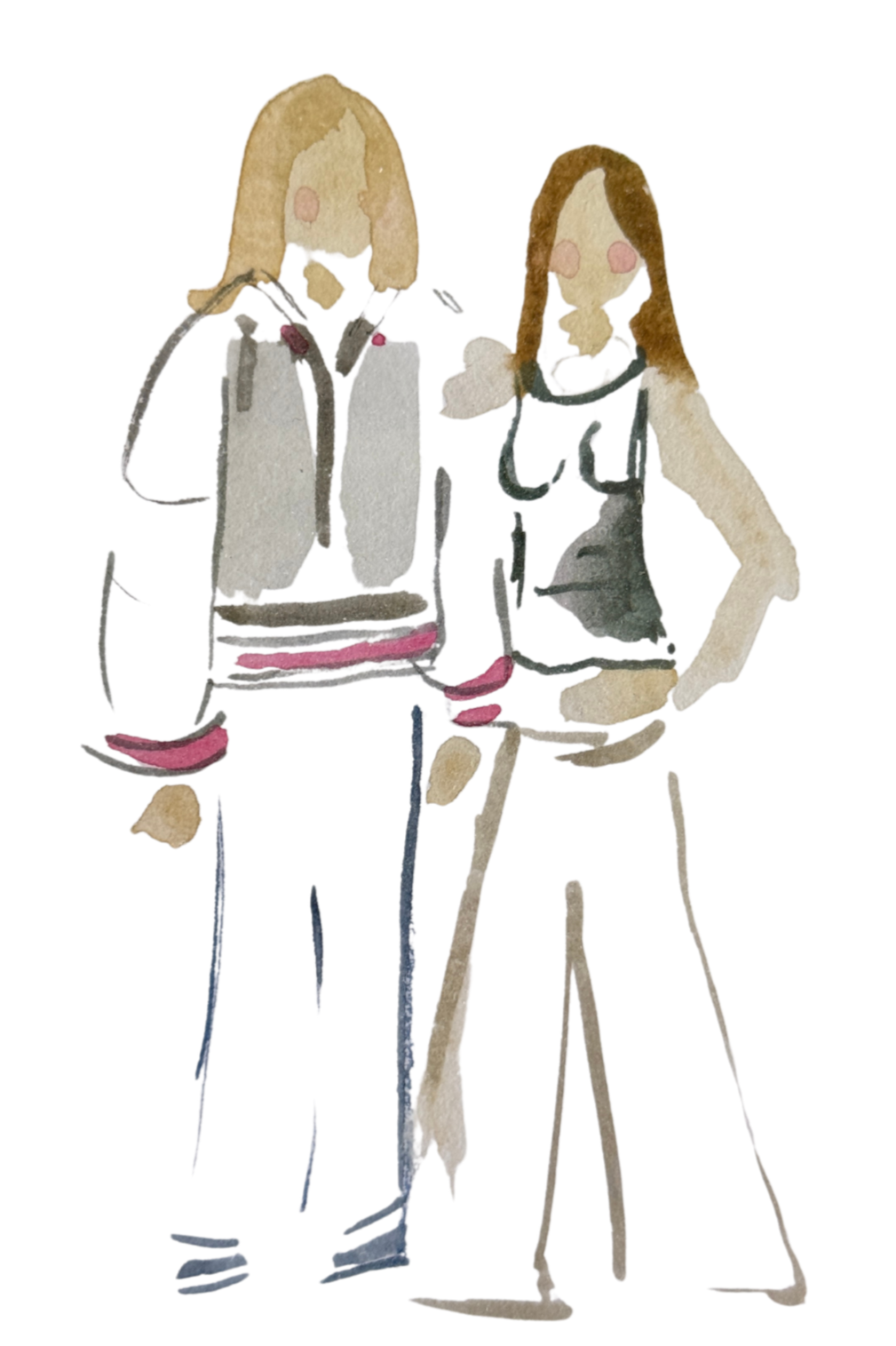 Watercolor illustration of a male doctor and a female nurse standing together, with the male wearing a white coat and the female in scrubs, both facing the camera.