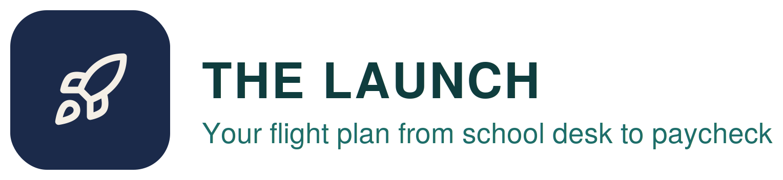 Locksmith Consultants Transition Planning Program, The Launch logo with a rocket against a dark blue background and the text “The Launch: Your Flight Plan from School Desk to Paycheck,”