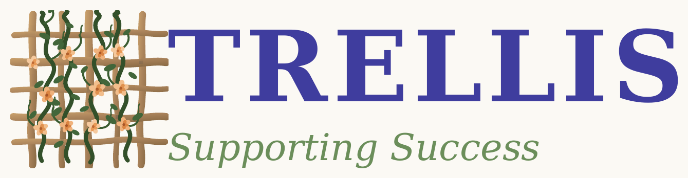 Logo for Trellis with a grid of brown lines, green vines, and orange flowers, and the words 'Trellis Supporting Success'