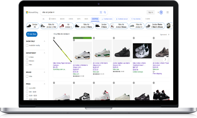 Laptop screen showing search results for Nike Air Jordan sneakers with various shoe images, prices, and options for different models.