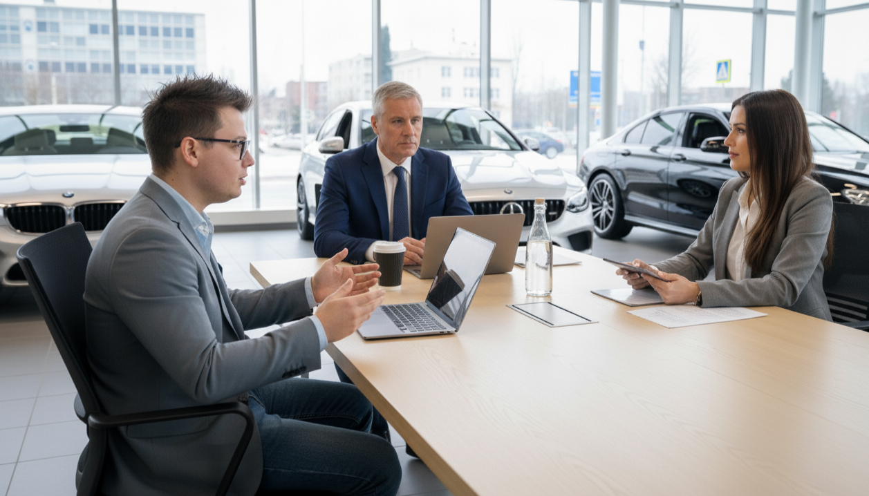 Three professionals having a business meeting in a car dealership showroom, with cars visible through the large window behind them.