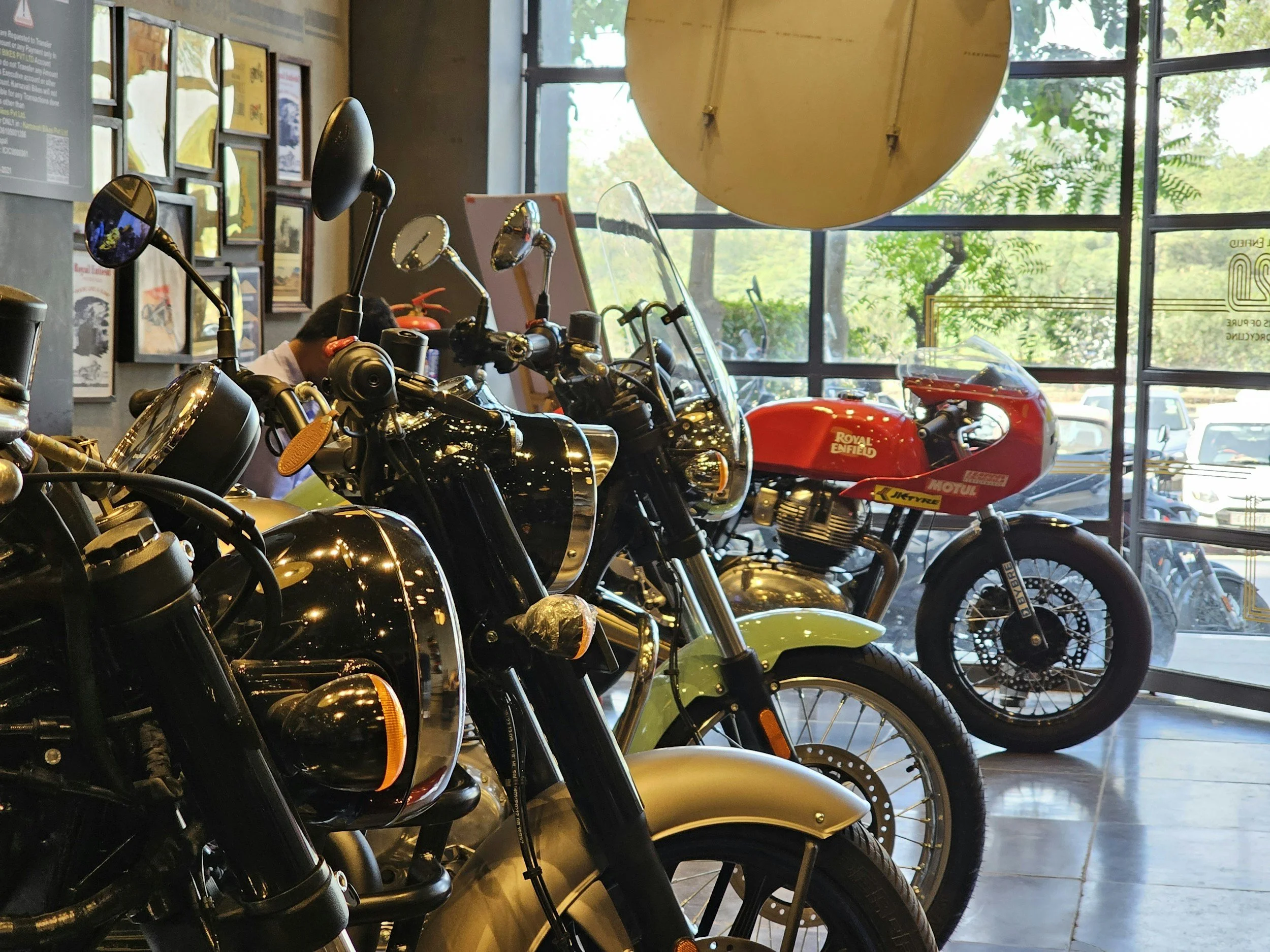 Multiple motorcycles lined up inside a showroom with large windows and greenery outside.