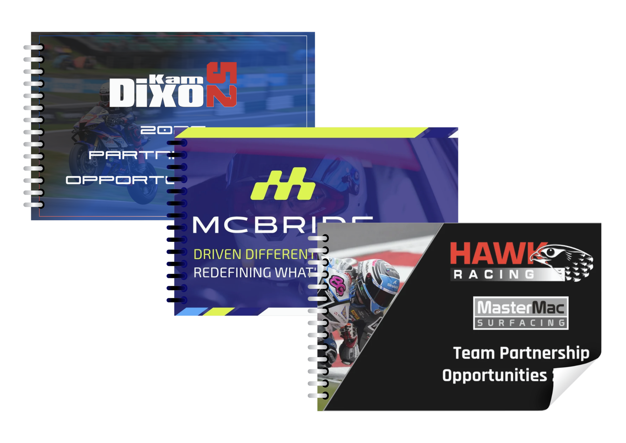 Collection of racing event brochures and promotional materials, featuring motorcycles, racing logos, and team partnership information.